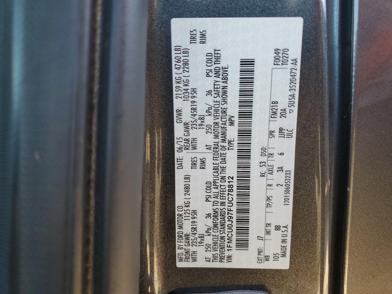 2015 Ford Escape Titanium VIN: 1FMCU0J97FUC78812 Lot: 84027535