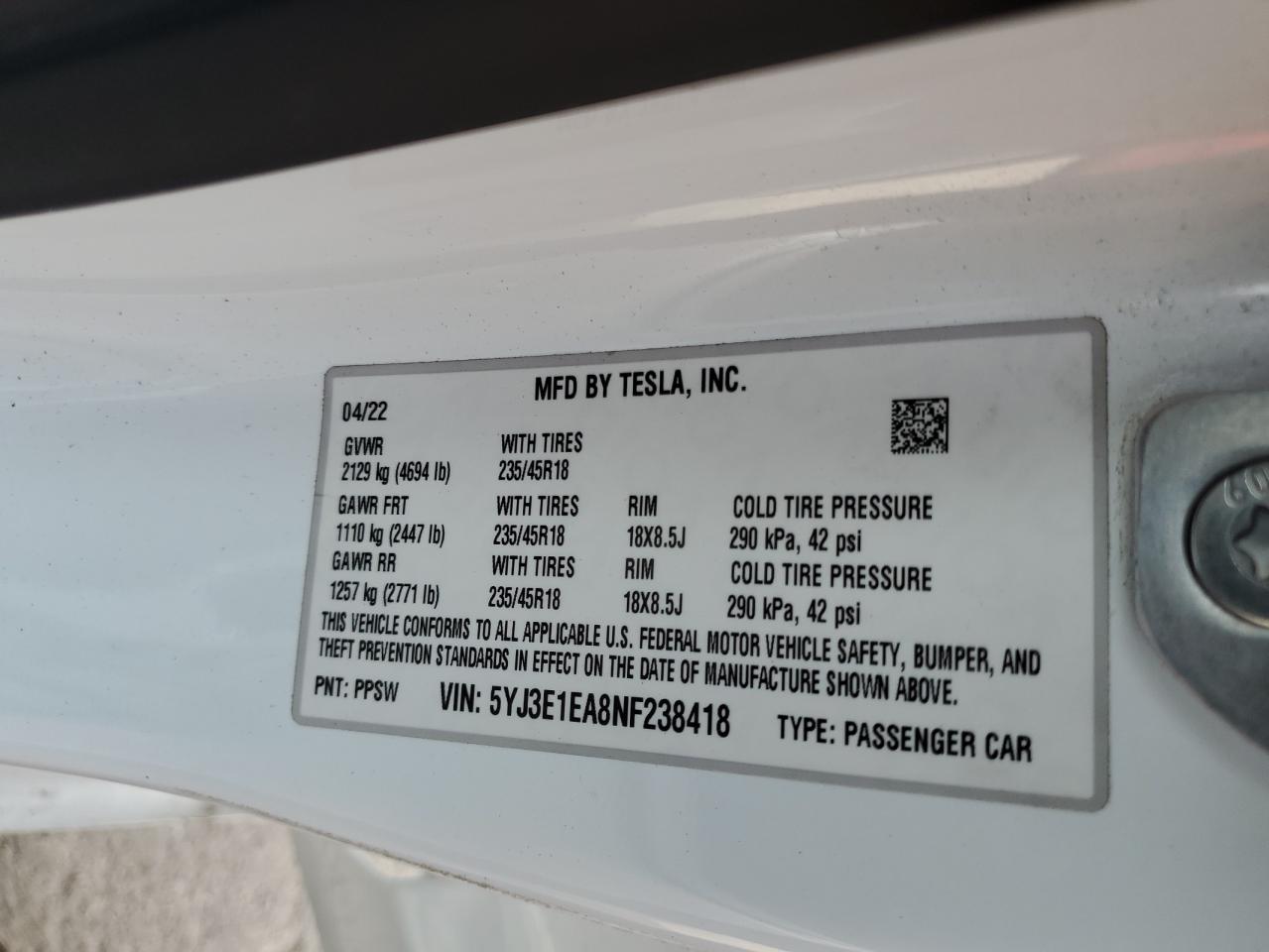2022 Tesla Model 3 VIN: 5YJ3E1EA8NF238418 Lot: 84469975