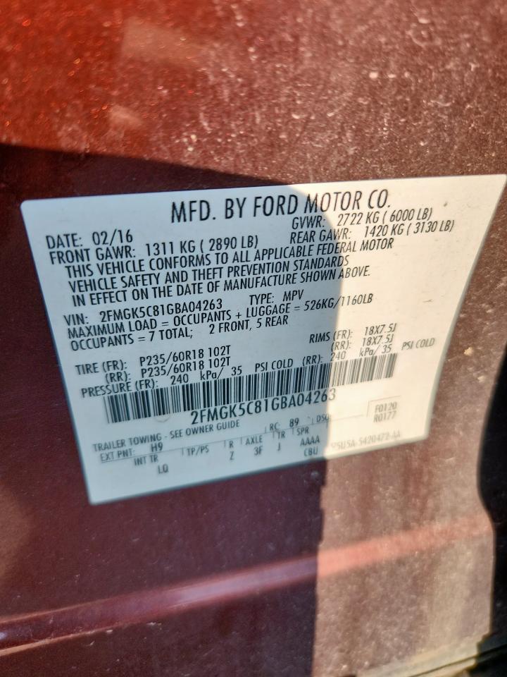 2016 Ford Flex Sel VIN: 2FMGK5C81GBA04263 Lot: 70332035