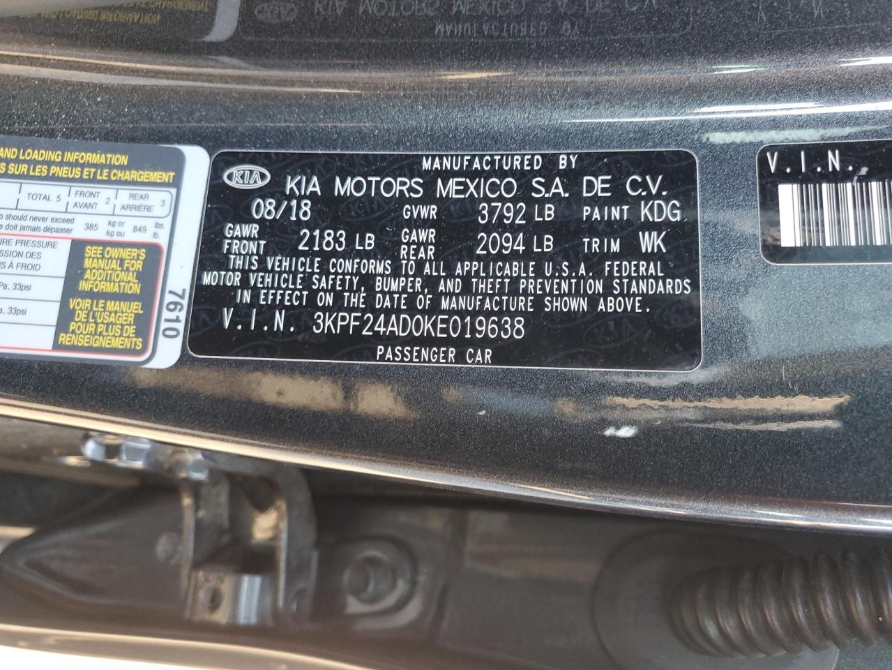 2019 Kia Forte Fe VIN: 3KPF24AD0KE019638 Lot: 80609025