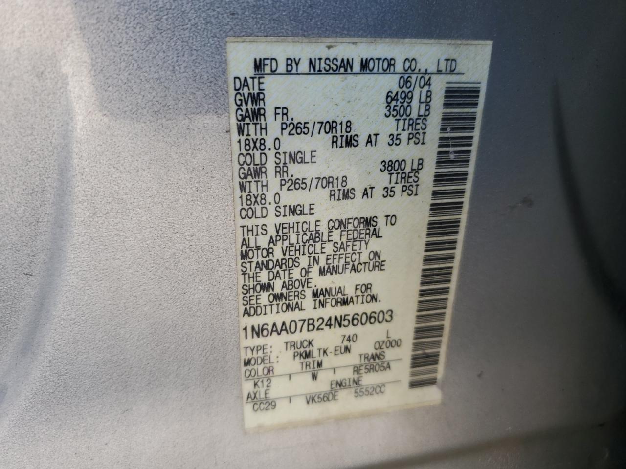 2004 Nissan Titan Xe VIN: 1N6AA07B24N560603 Lot: 70992455