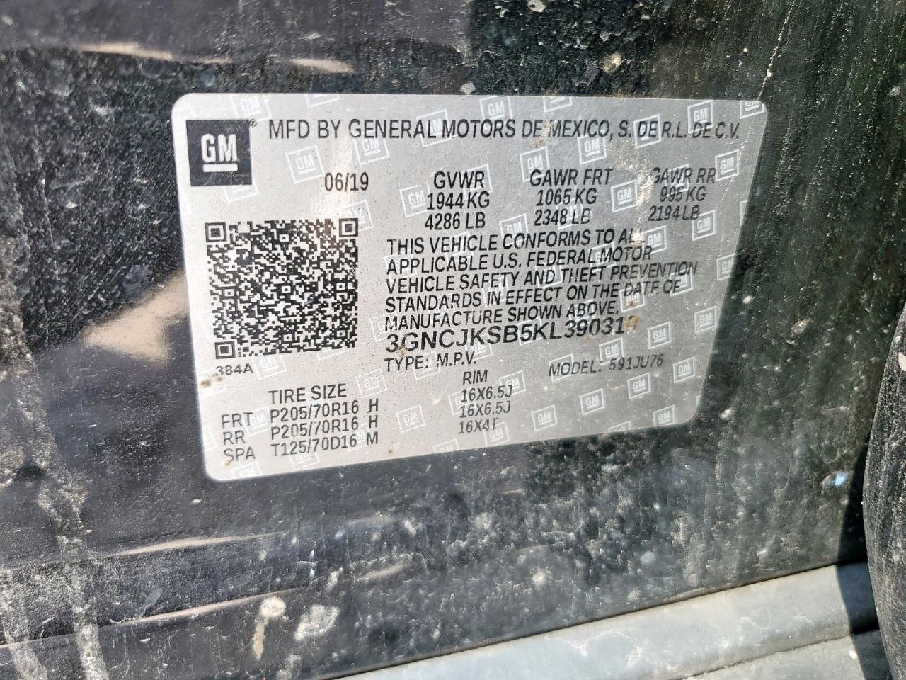 2019 Chevrolet Trax Ls VIN: 3GNCJKSB5KL390319 Lot: 80892665