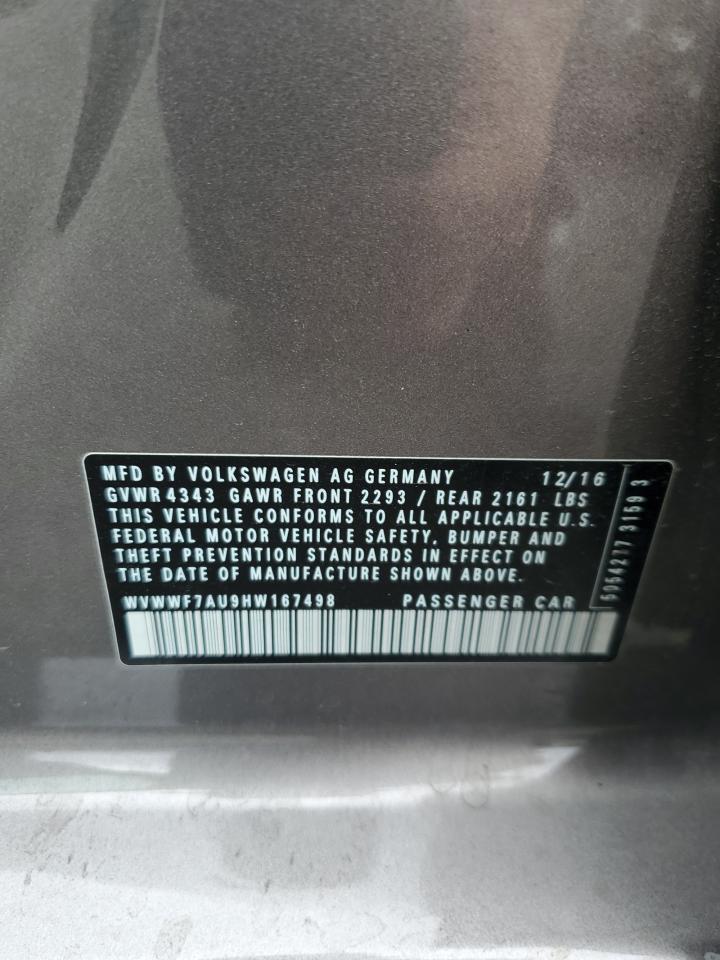 2017 Volkswagen Golf R VIN: WVWWF7AU9HW167498 Lot: 80808495