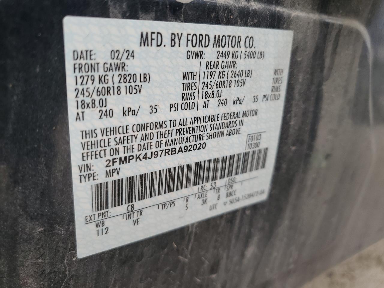 2024 Ford Edge Sel VIN: 2FMPK4J97RBA92020 Lot: 71243745