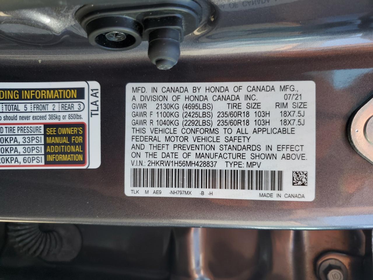 2021 Honda Cr-V Ex VIN: 2HKRW1H56MH428837 Lot: 82041195