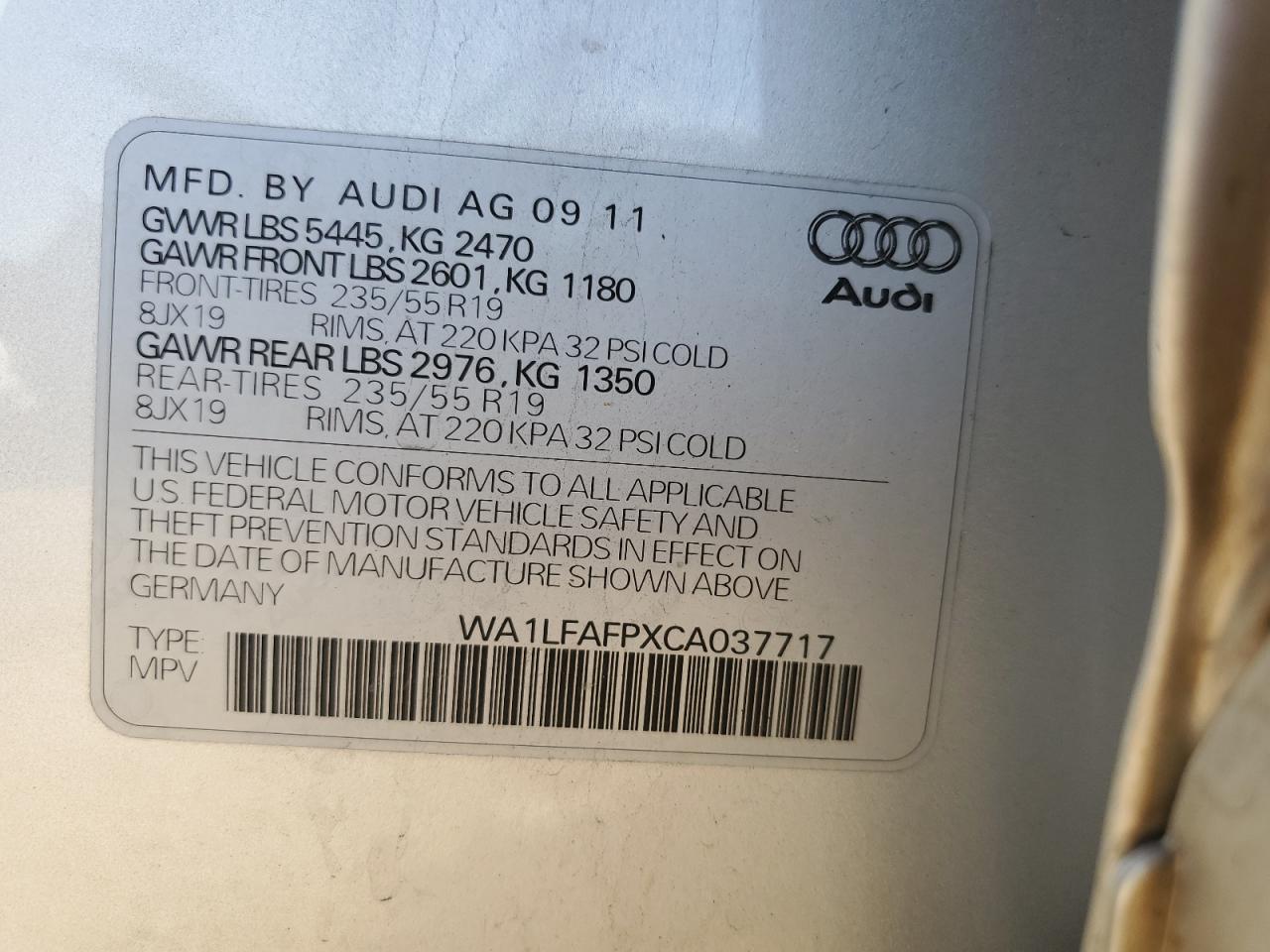 2012 Audi Q5 Premium Plus VIN: WA1LFAFPXCA037717 Lot: 84428315