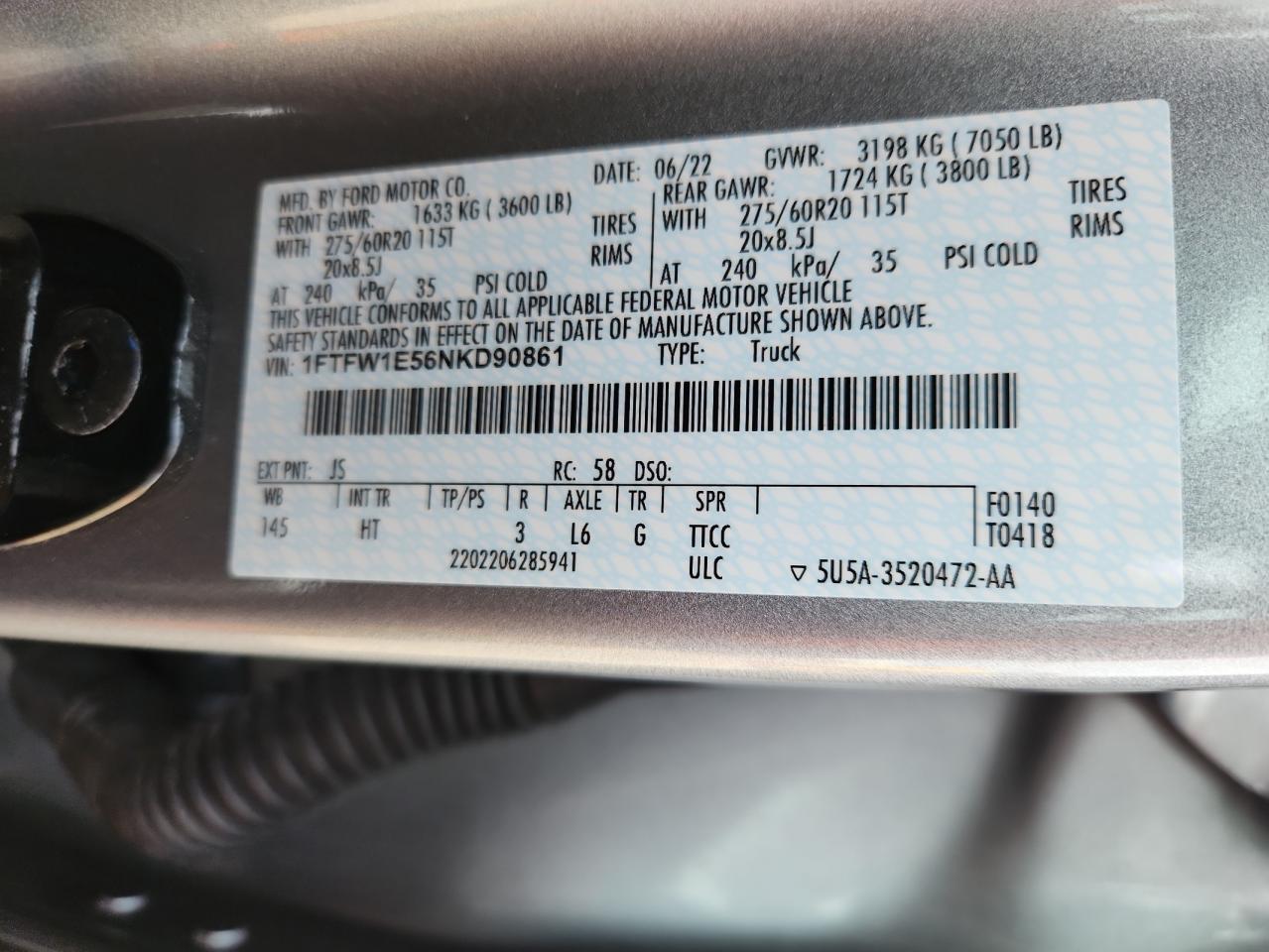 2022 Ford F150 Supercrew VIN: 1FTFW1E56NKD90861 Lot: 81515095