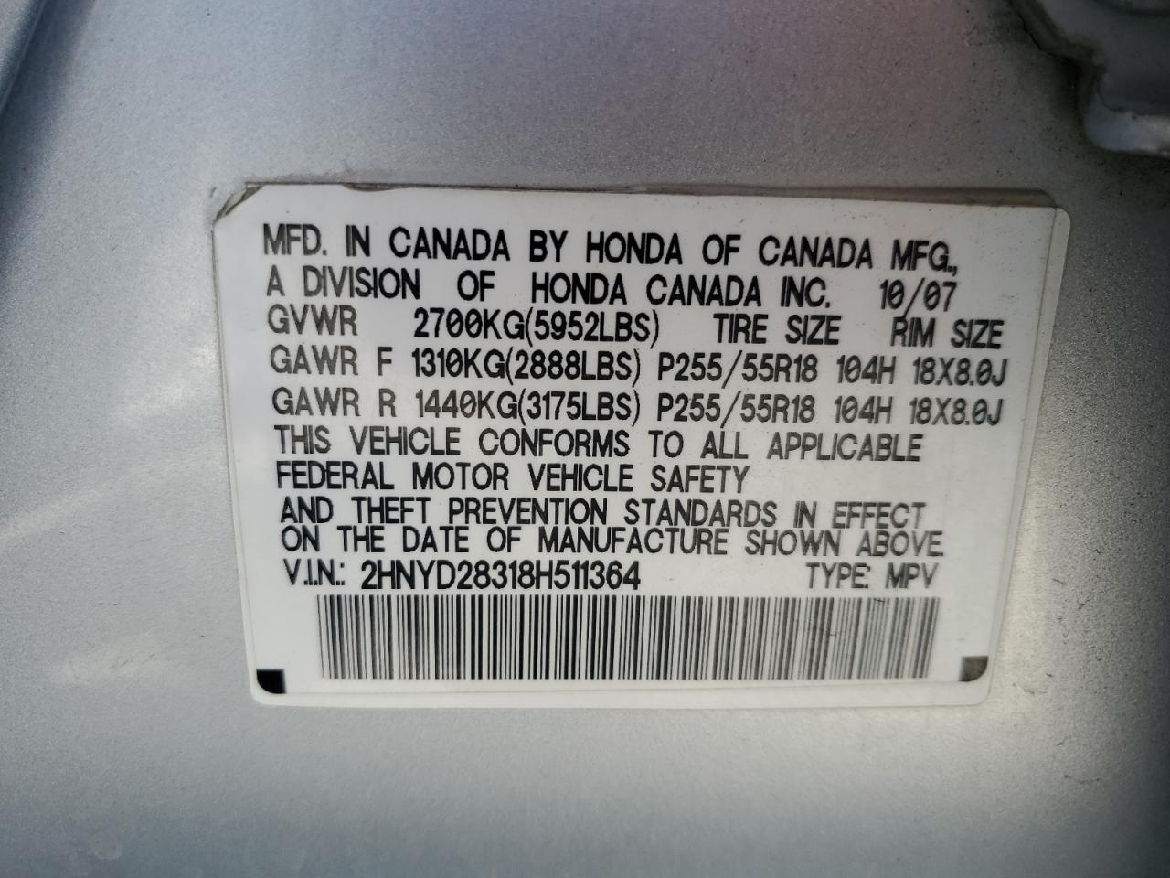 2008 Acura Mdx Technology VIN: 2HNYD28318H511364 Lot: 80362235