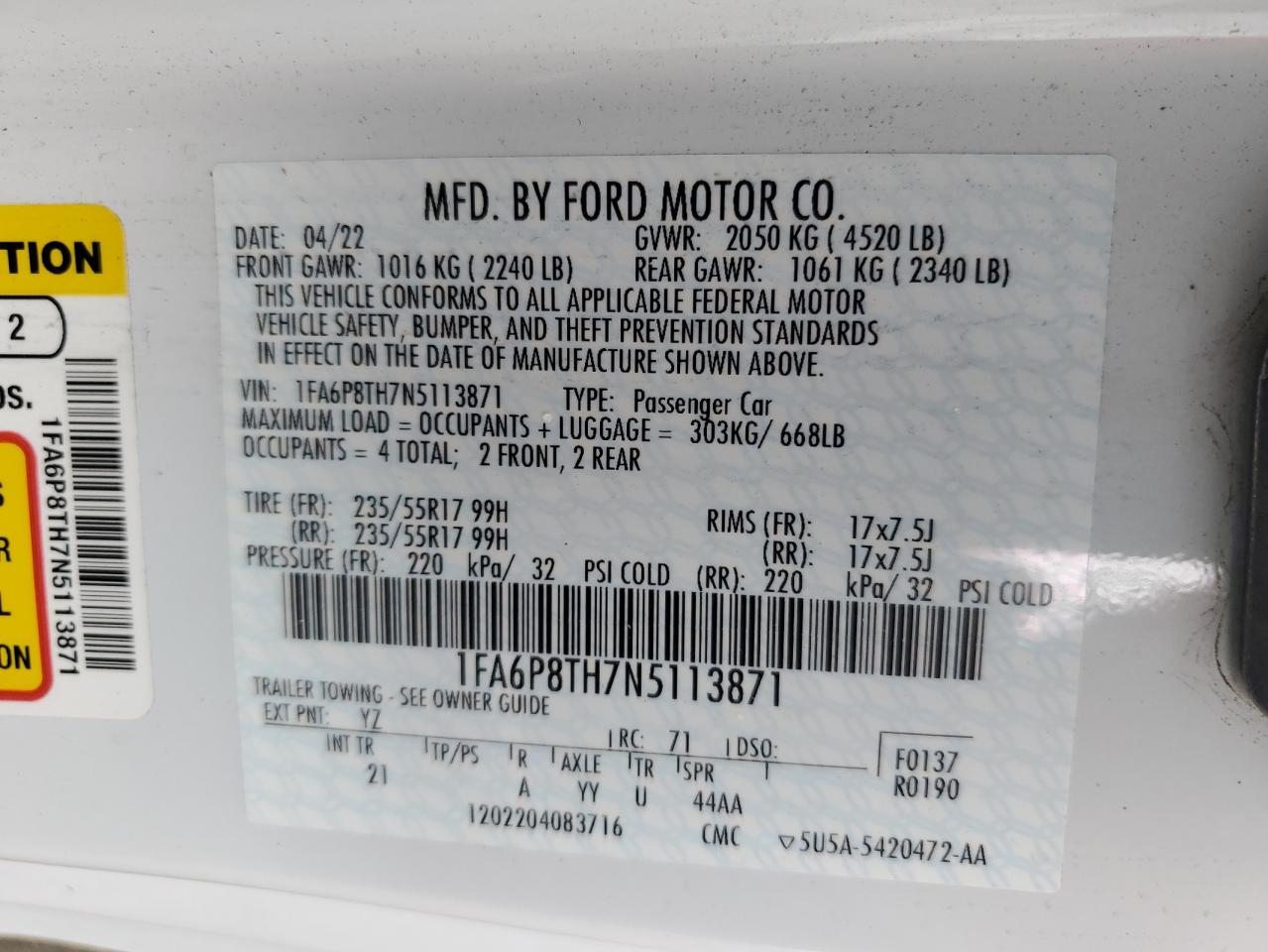 2022 Ford Mustang VIN: 1FA6P8TH7N5113871 Lot: 81385545