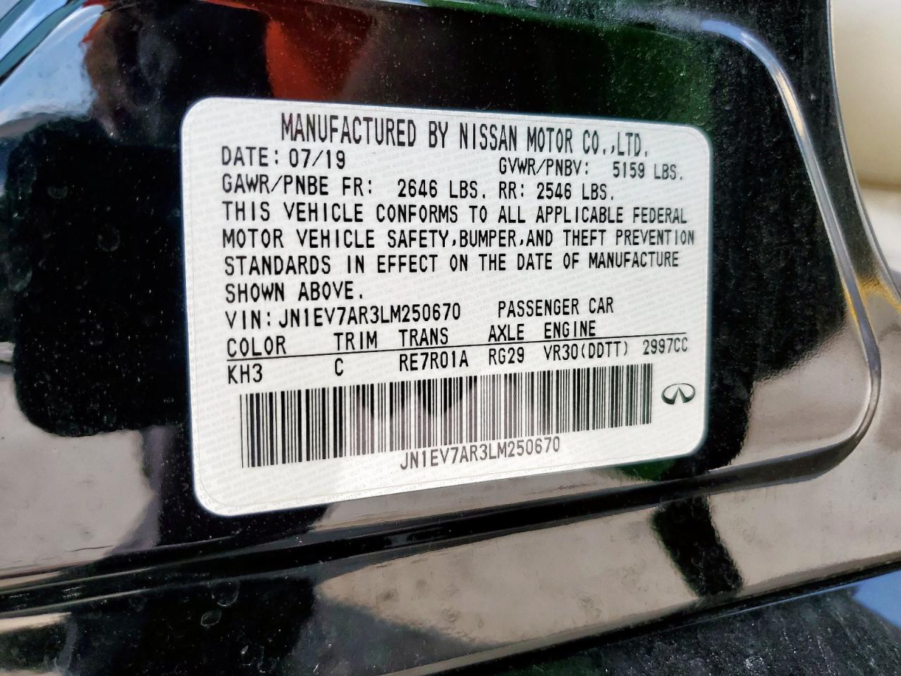 2020 Infiniti Q50 Pure VIN: JN1EV7AR3LM250670 Lot: 80943565