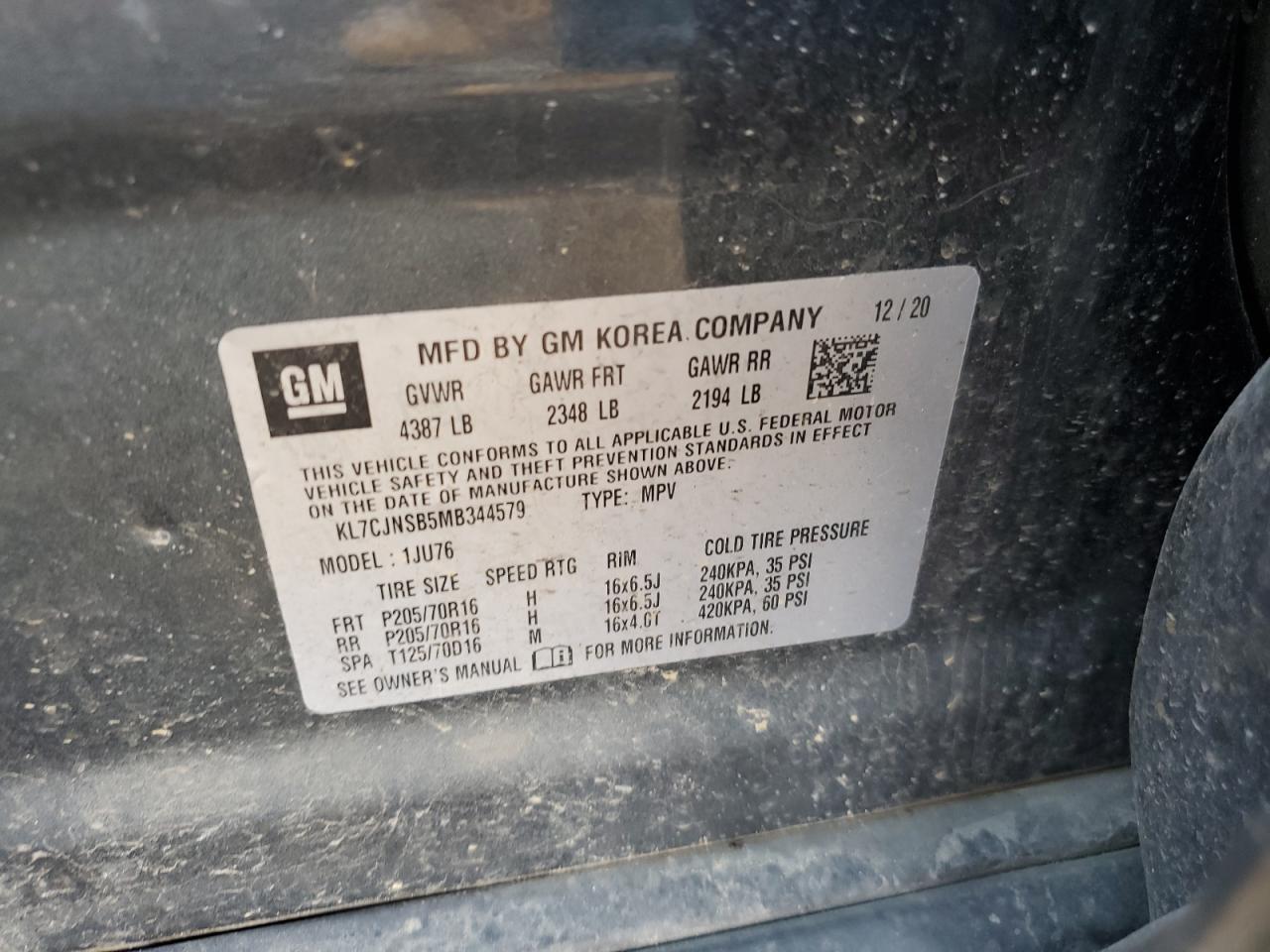 2021 Chevrolet Trax Ls VIN: KL7CJNSB5MB344579 Lot: 80082915