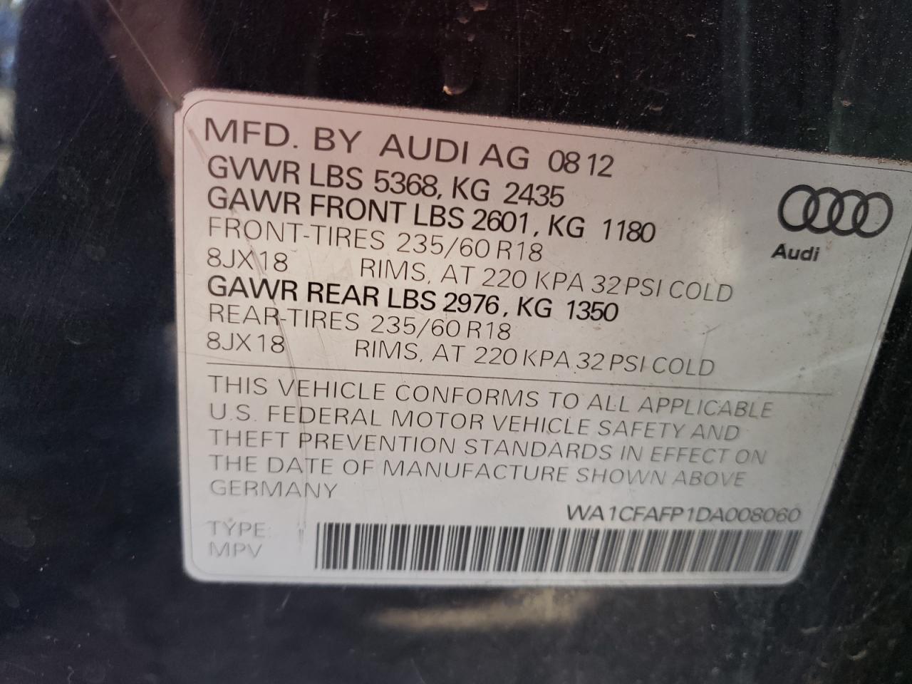 2013 Audi Q5 Premium VIN: WA1CFAFP1DA008060 Lot: 84377305