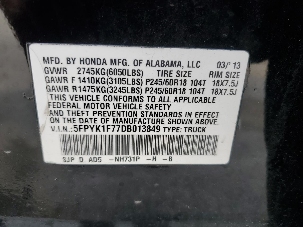 2013 Honda Ridgeline Sport VIN: 5FPYK1F77DB013849 Lot: 80067065