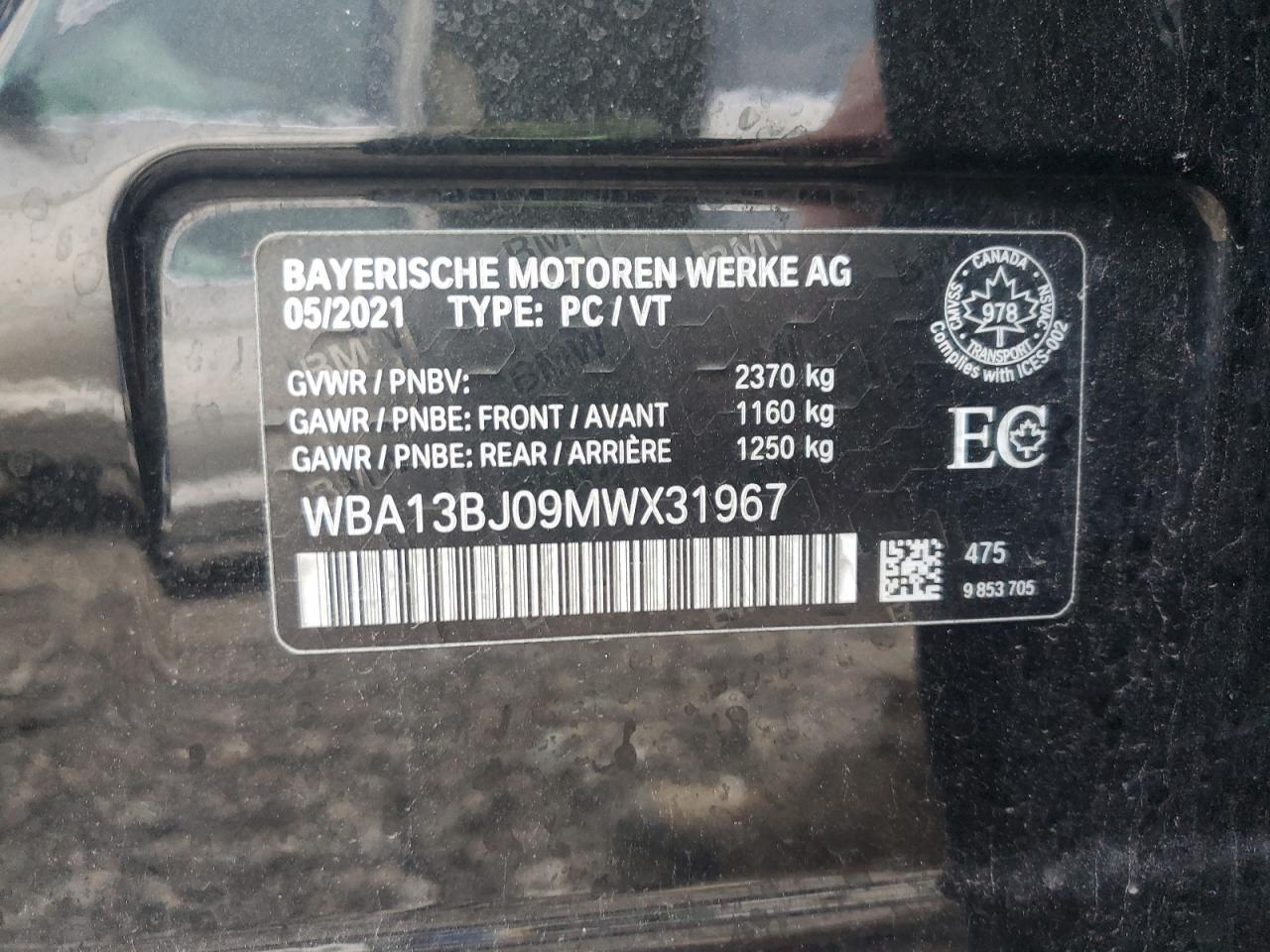 2021 BMW 530 Xi VIN: WBA13BJ09MWX31967 Lot: 71123045