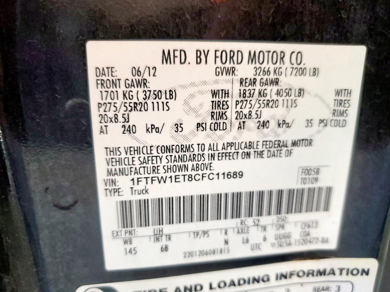 2012 Ford F150 Supercrew VIN: 1FTFW1ET8CFC11689 Lot: 71842855