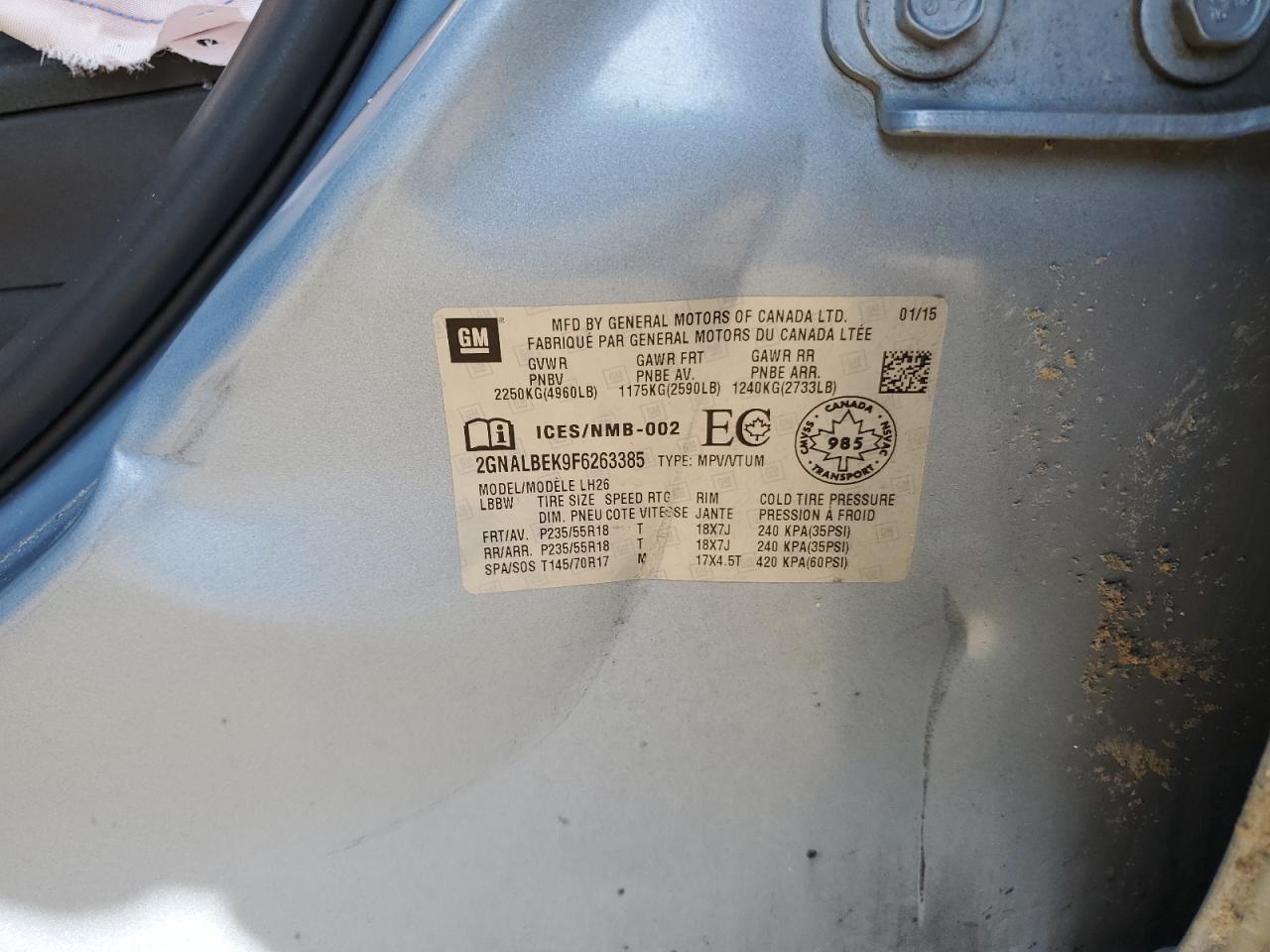 2015 Chevrolet Equinox Lt VIN: 2GNALBEK9F6263385 Lot: 81476935