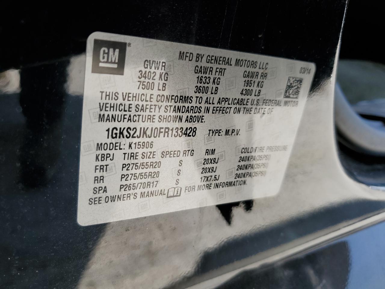 2015 GMC Yukon Xl Denali VIN: 1GKS2JKJ0FR133428 Lot: 68013035