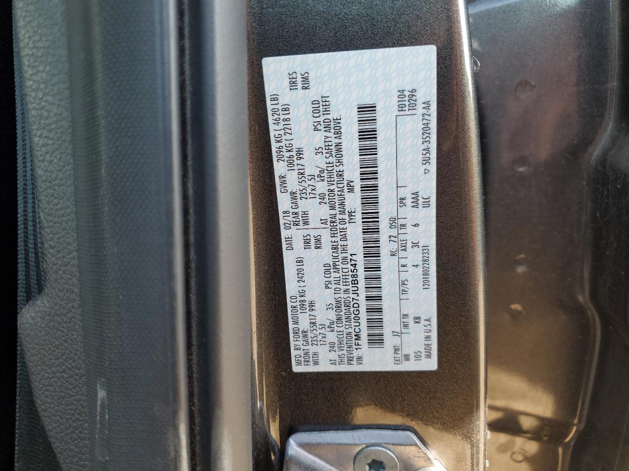 2018 Ford Escape Se VIN: 1FMCU0GD7JUB85471 Lot: 80964175