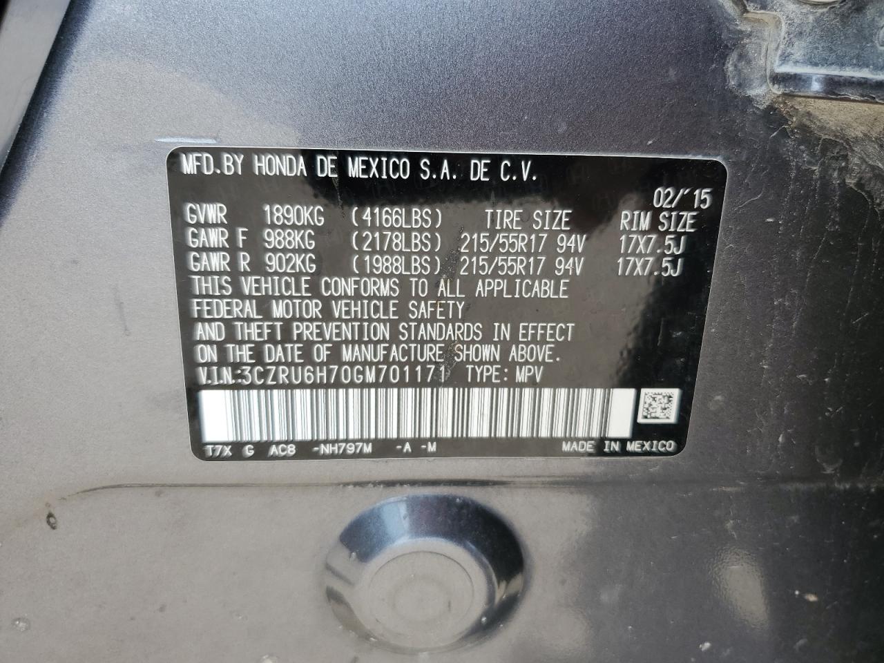 2016 Honda Hr-V Exl VIN: 3CZRU6H70GM701171 Lot: 80474995