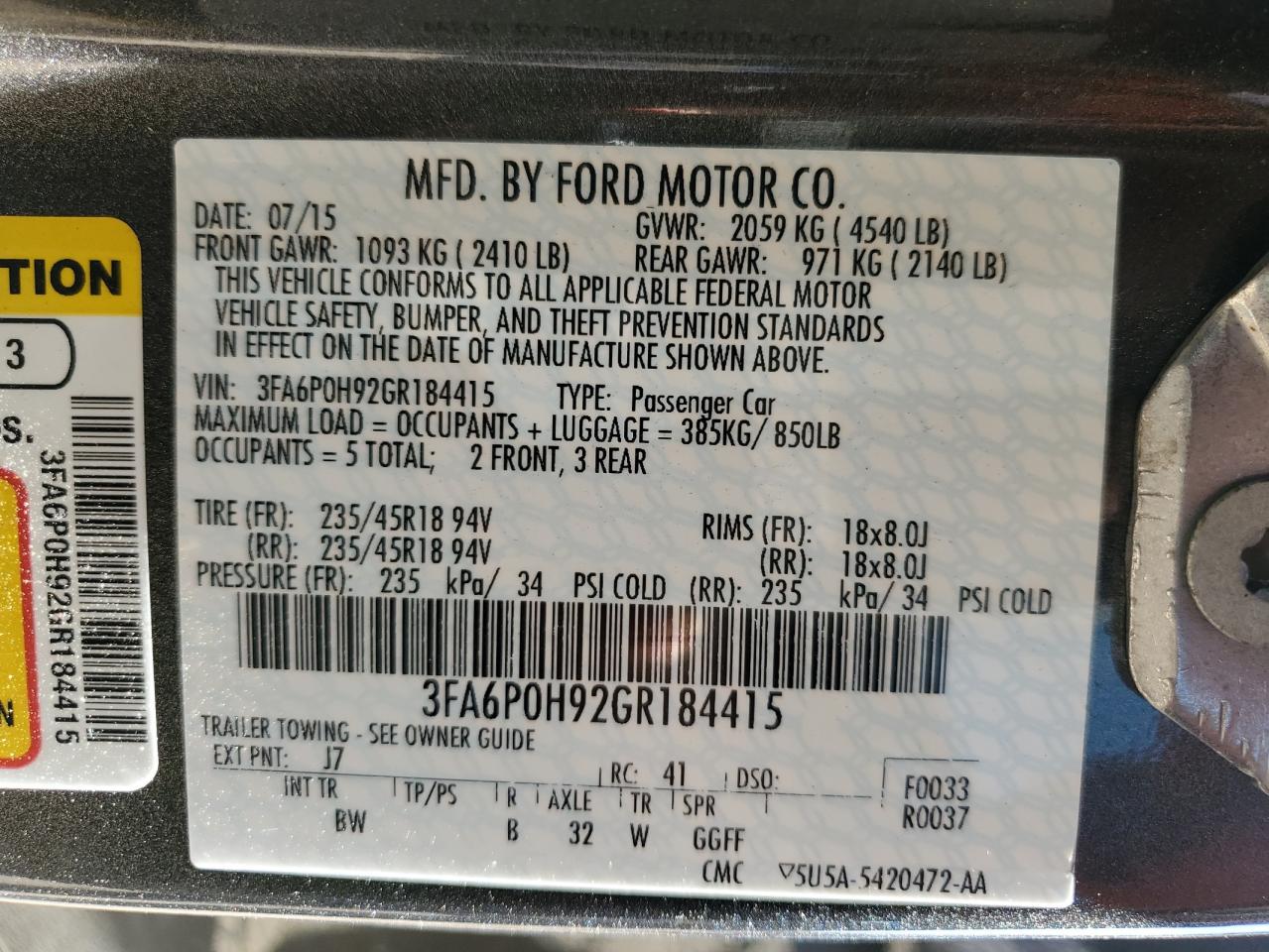 2016 Ford Fusion Se VIN: 3FA6P0H92GR184415 Lot: 84187605