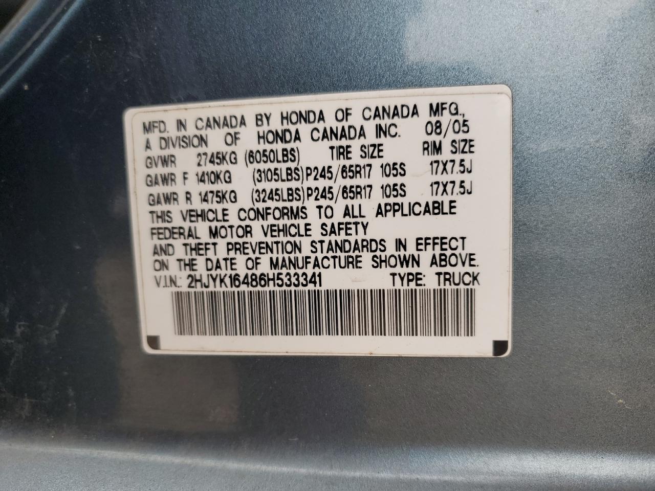 2006 Honda Ridgeline Rts VIN: 2HJYK16486H533341 Lot: 71520235