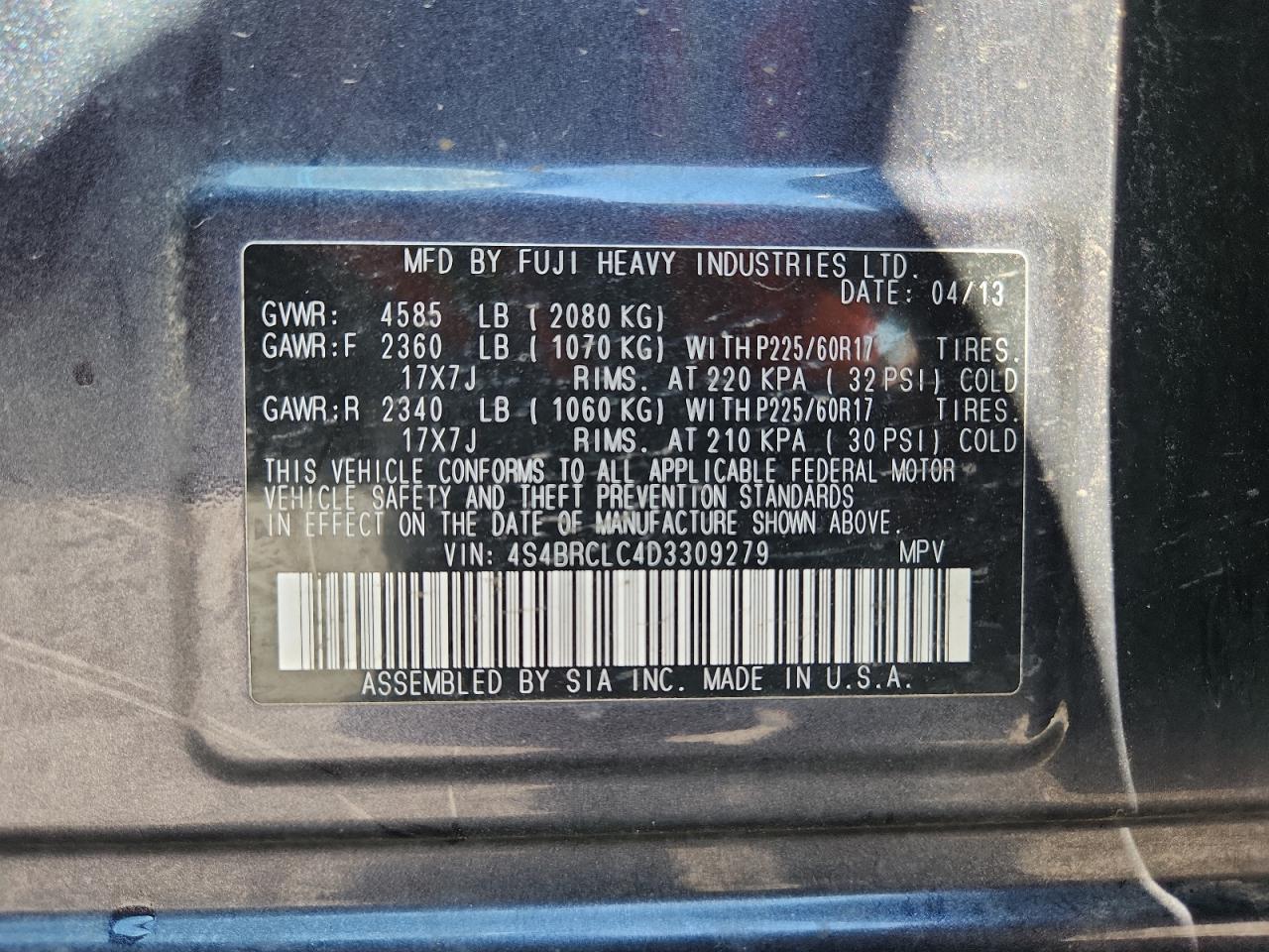 2013 Subaru Outback 2.5I Limited VIN: 4S4BRCLC4D3309279 Lot: 71210115