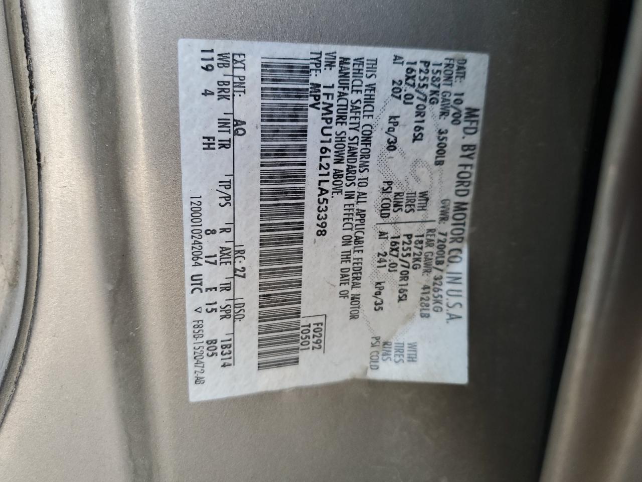 2001 Ford Expedition Xlt VIN: 1FMPU16L21LA53398 Lot: 80287165