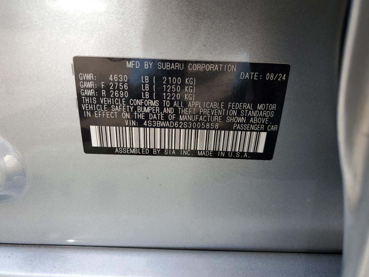 2025 Subaru Legacy Premium VIN: 4S3BWAD62S3005858 Lot: 71973395