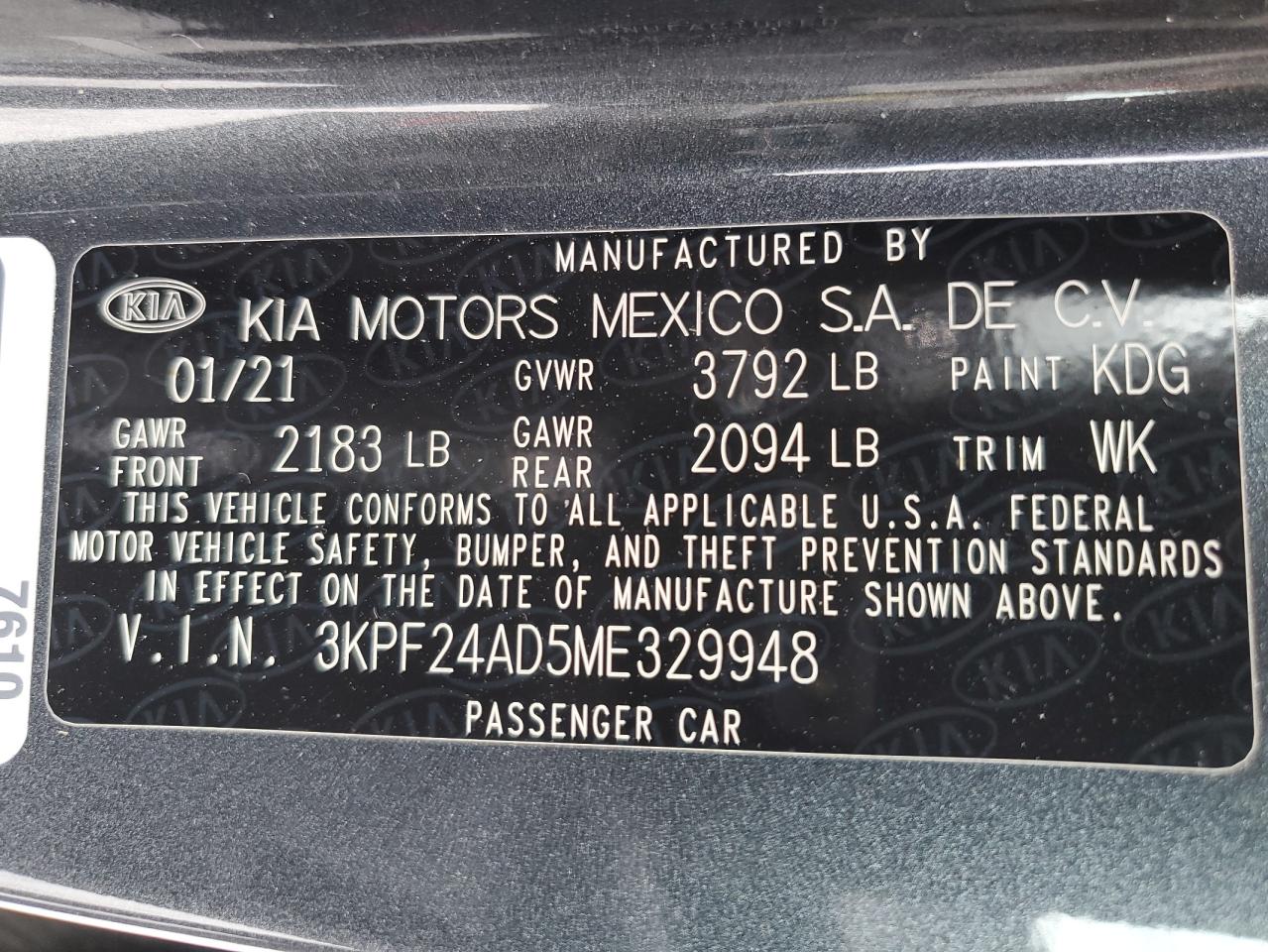 2021 Kia Forte Fe VIN: 3KPF24AD5ME329948 Lot: 71225455