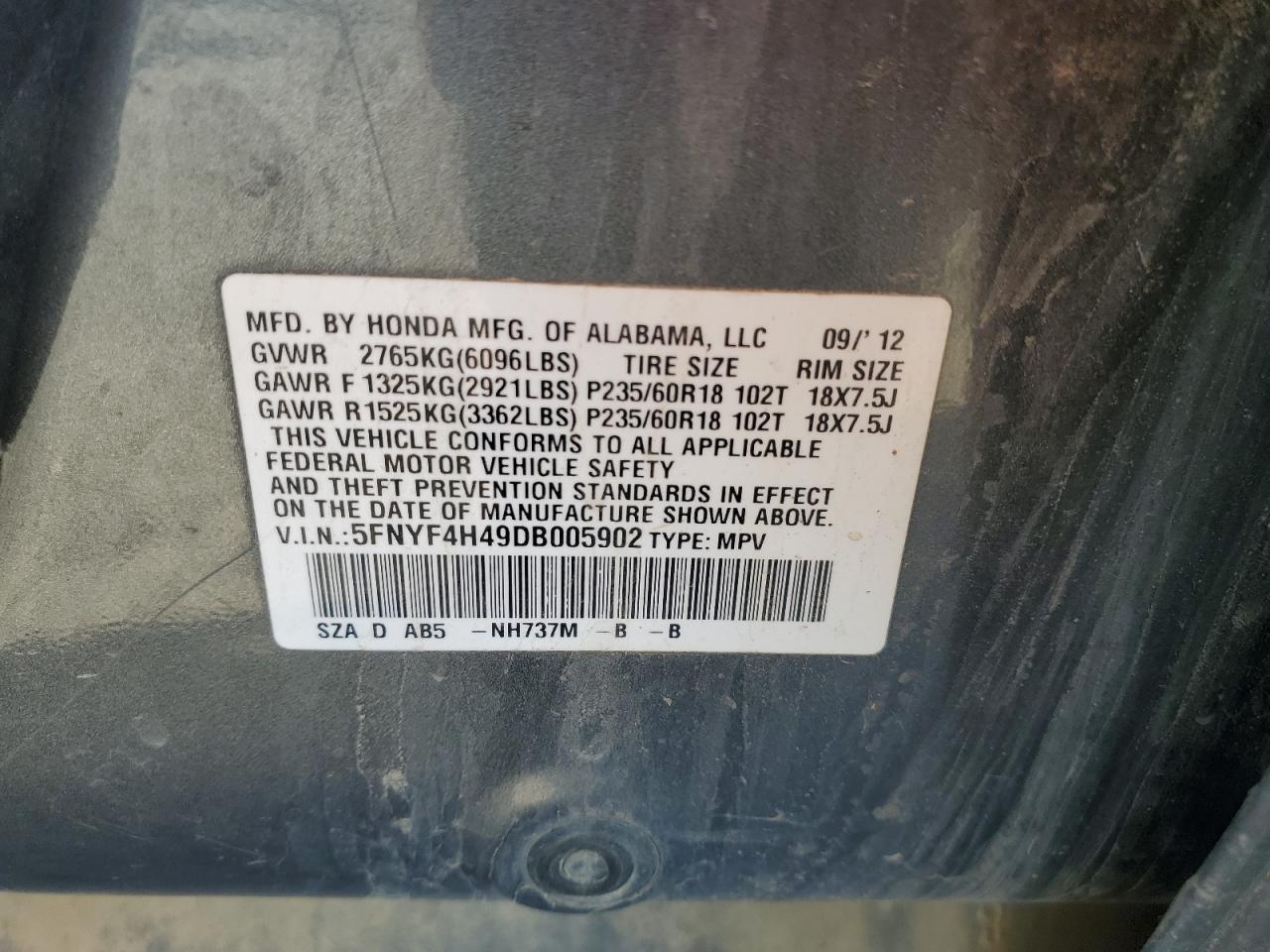 2013 Honda Pilot Ex VIN: 5FNYF4H49DB005902 Lot: 81689855