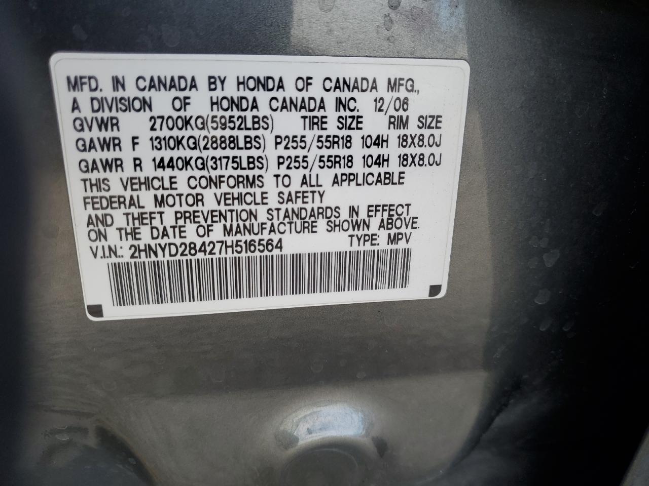 2007 Acura Mdx Technology VIN: 2HNYD28427H516564 Lot: 81847915