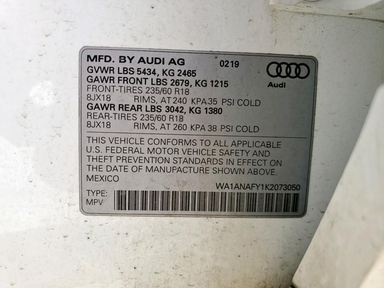 2019 Audi Q5 Premium VIN: WA1ANAFY1K2073050 Lot: 67406695