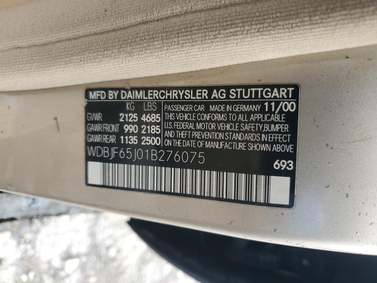 2001 Mercedes-Benz E 320 VIN: WDBJF65J01B276075 Lot: 81520945