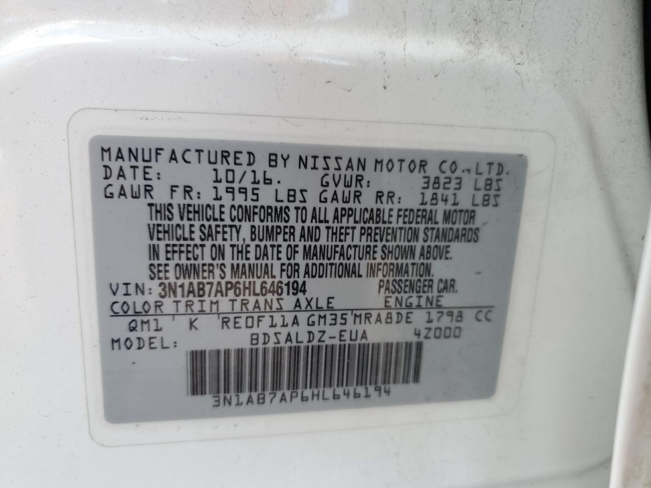 2017 Nissan Sentra S VIN: 3N1AB7AP6HL646194 Lot: 83966975