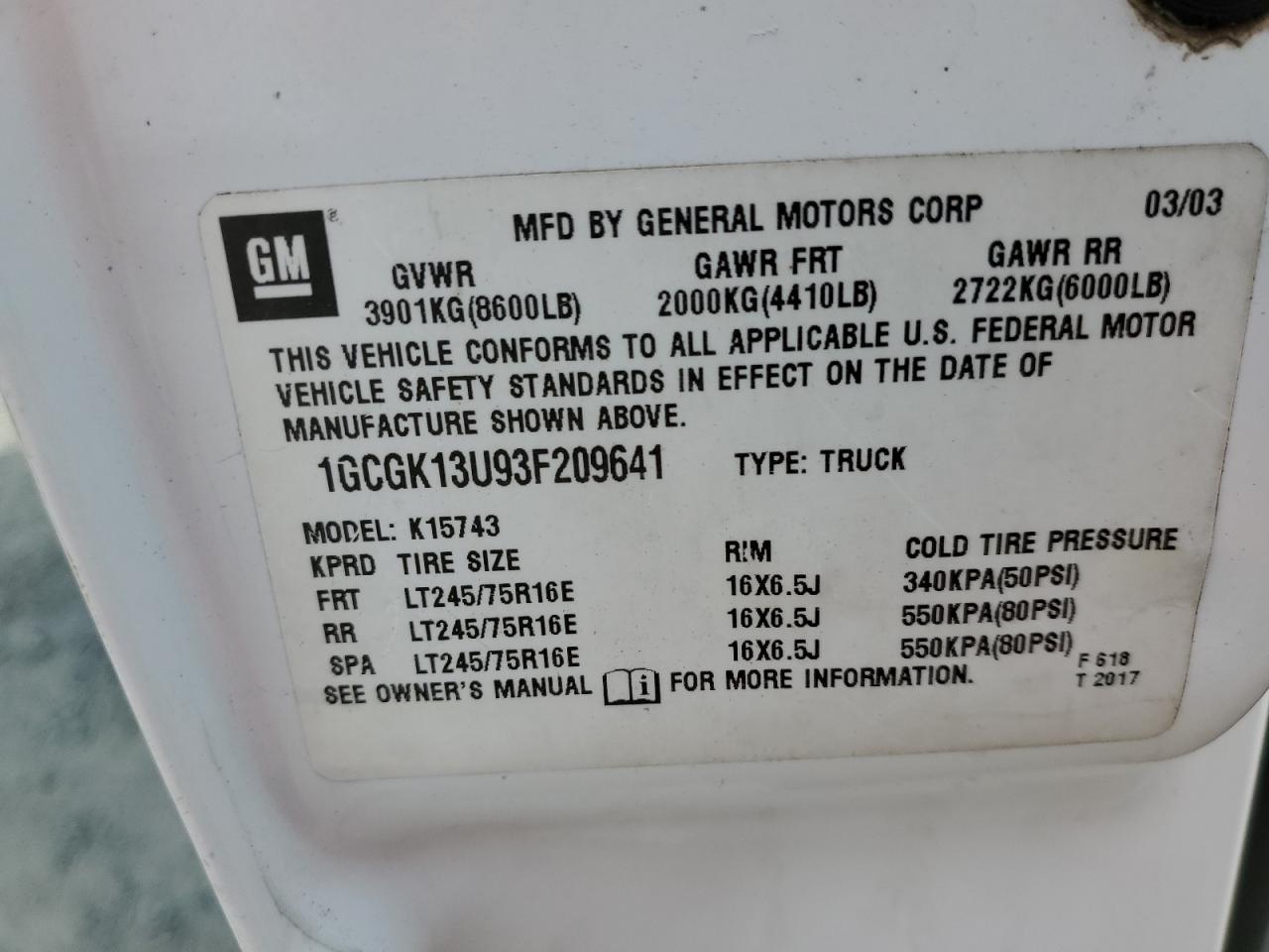 2003 Chevrolet Silverado K1500 Heavy Duty VIN: 1GCGK13U93F209641 Lot: 81863735