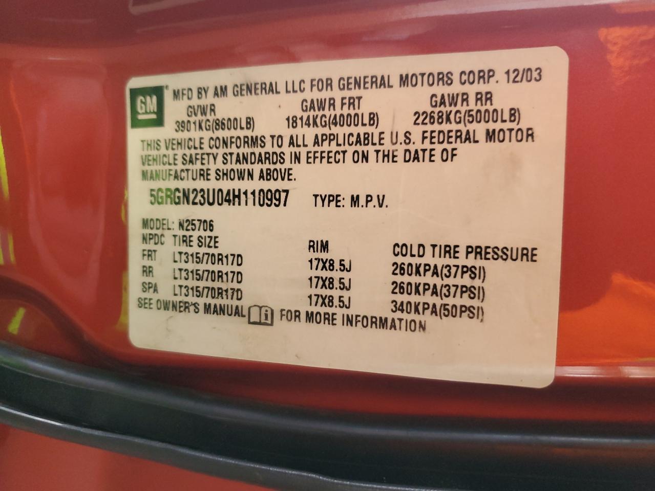2004 Hummer H2 VIN: 5GRGN23U04H110997 Lot: 69834115