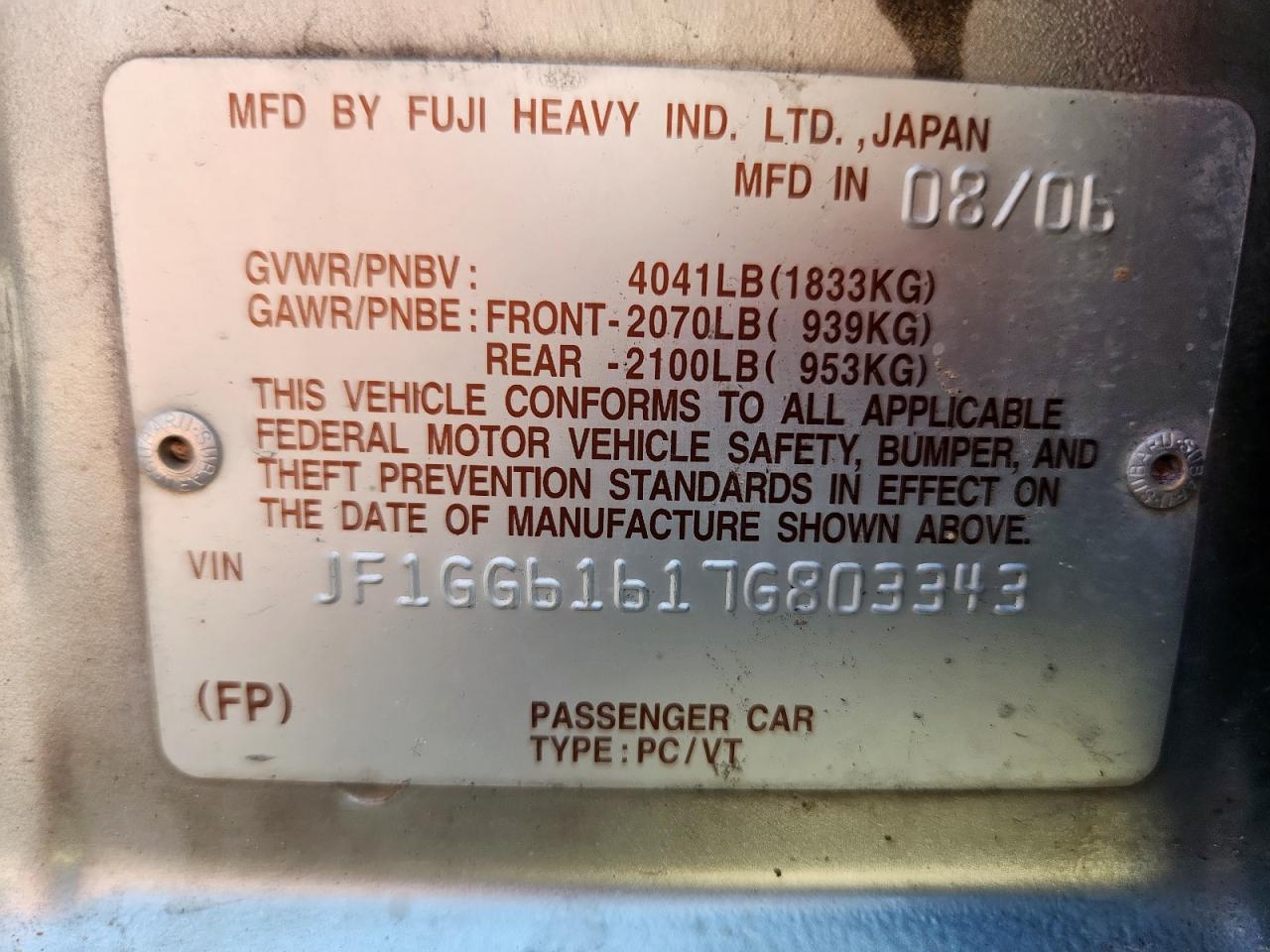 2007 Subaru Impreza 2.5I VIN: JF1GG61617G803343 Lot: 84259355