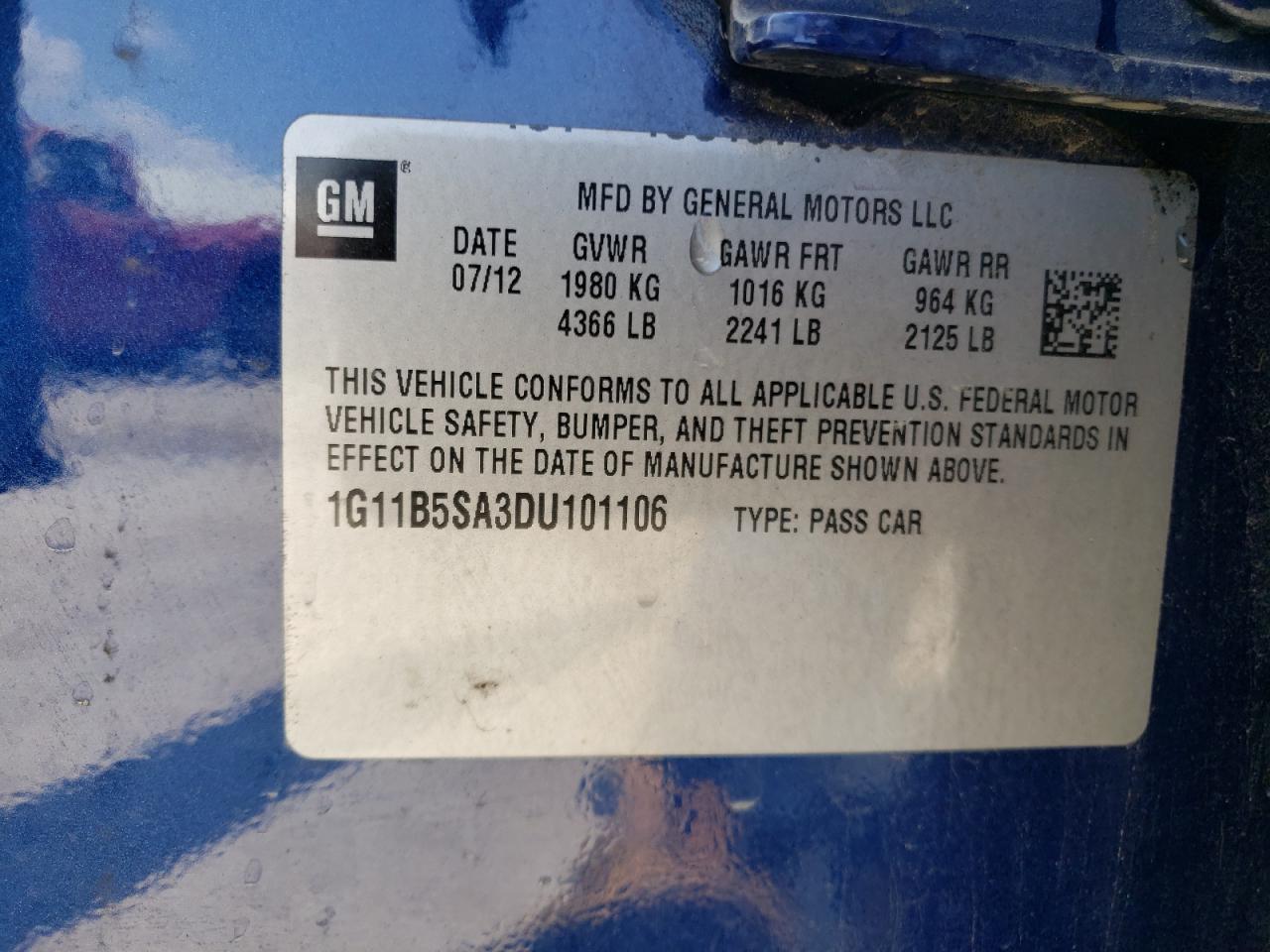 2013 Chevrolet Malibu Ls VIN: 1G11B5SA3DU101106 Lot: 80276625