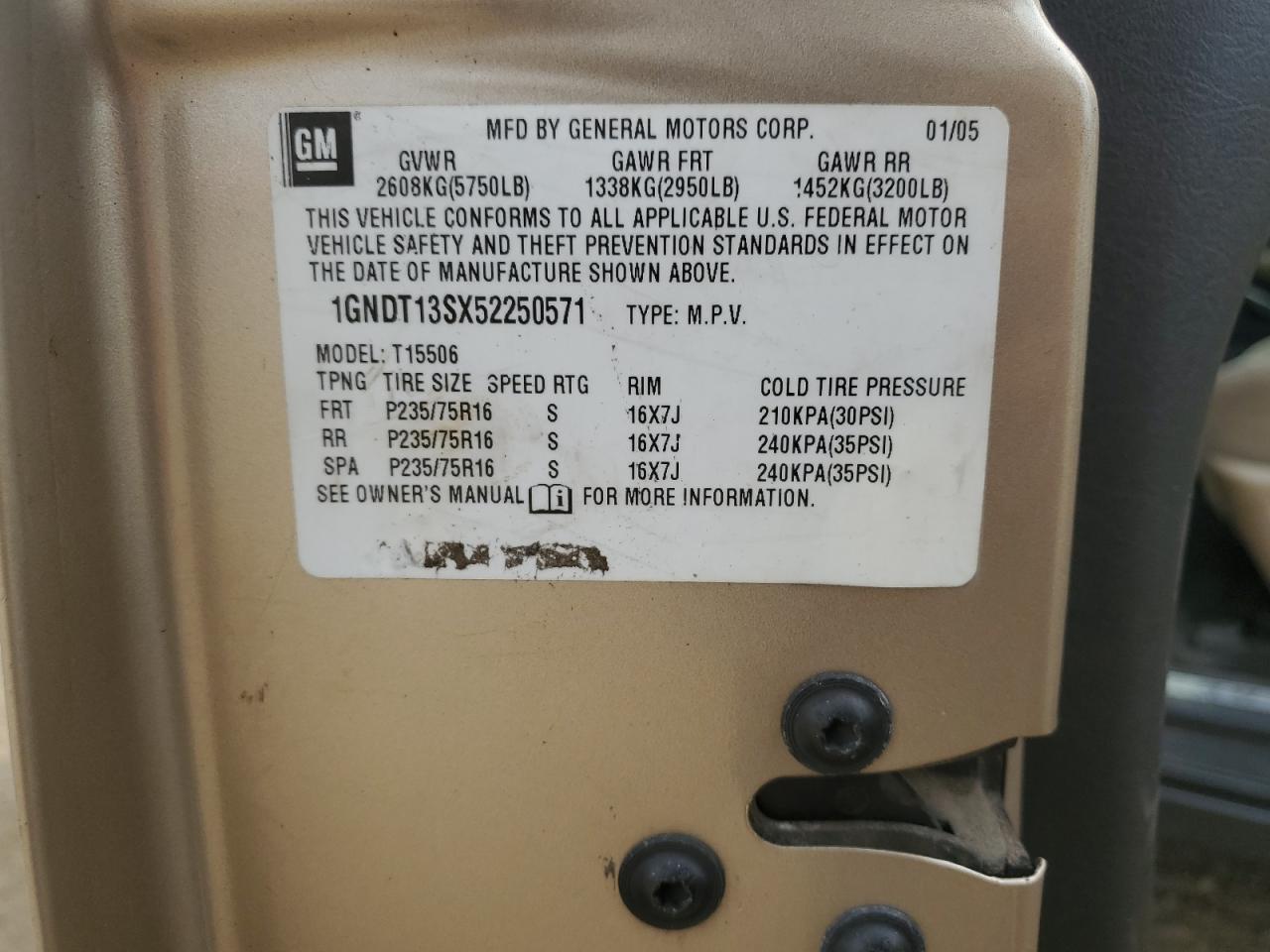 2005 Chevrolet Trailblazer Ls VIN: 1GNDT13SX52250571 Lot: 81142485