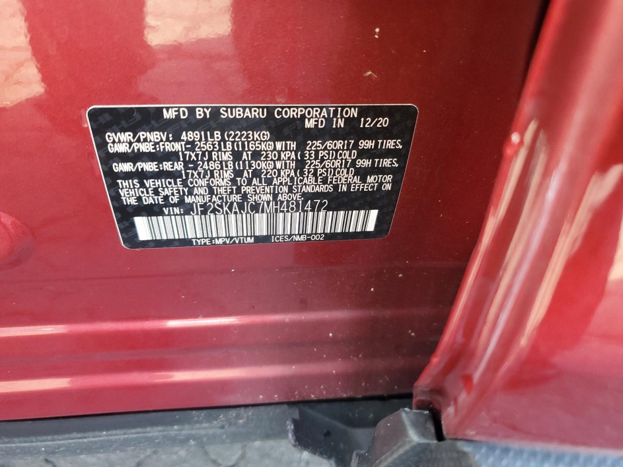 2021 Subaru Forester Premium VIN: JF2SKAJC7MH481472 Lot: 71509455