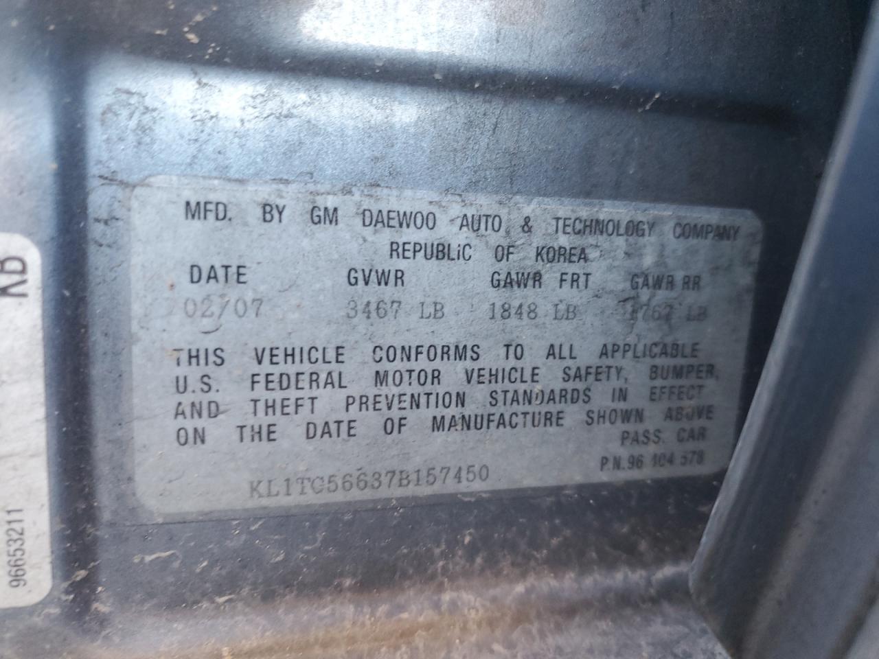 2007 Chevrolet Aveo Lt VIN: KL1TG56637B157450 Lot: 80500005