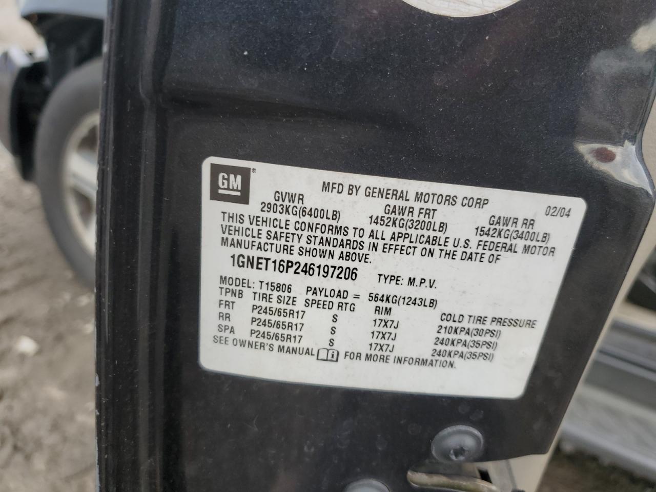 2004 Chevrolet Trailblazer Ext Ls VIN: 1GNET16P246197206 Lot: 83939685