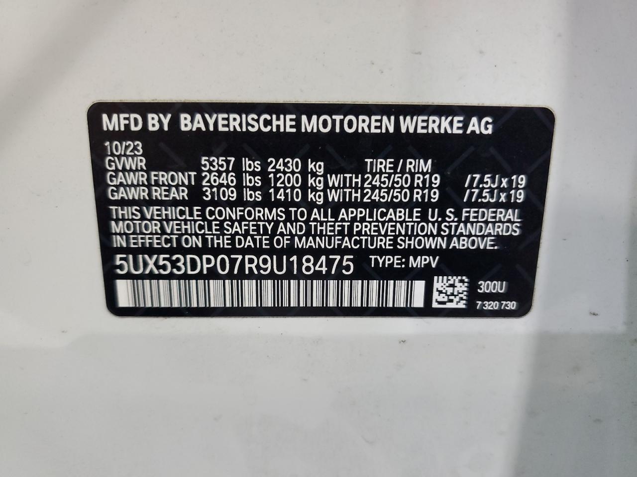 2024 BMW X3 xDrive30I VIN: 5UX53DP07R9U18475 Lot: 71956345