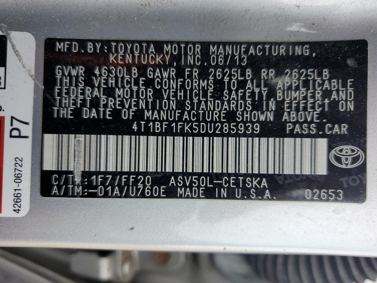 2013 Toyota Camry L VIN: 4T1BF1FK5DU285939 Lot: 84630545