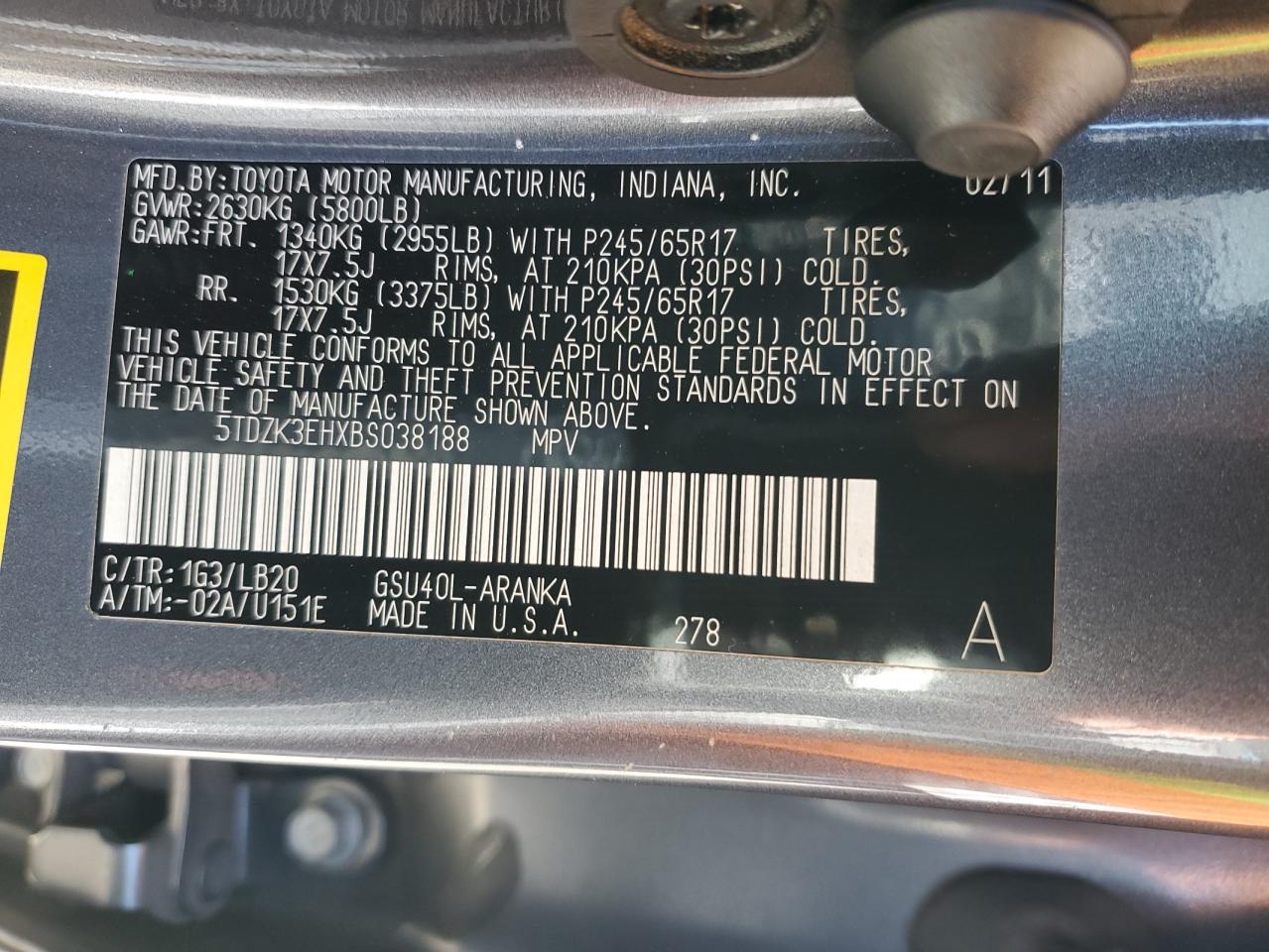 2011 Toyota Highlander Base VIN: 5TDZK3EHXBS038188 Lot: 71928245