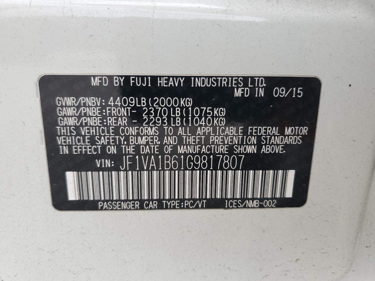 2016 Subaru Wrx VIN: JF1VA1B61G9817807 Lot: 84017495
