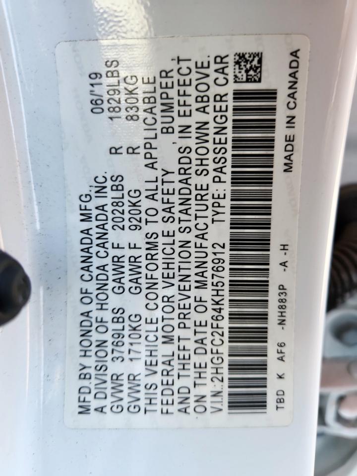 2019 Honda Civic Lx VIN: 2HGFC2F64KH576912 Lot: 71300965
