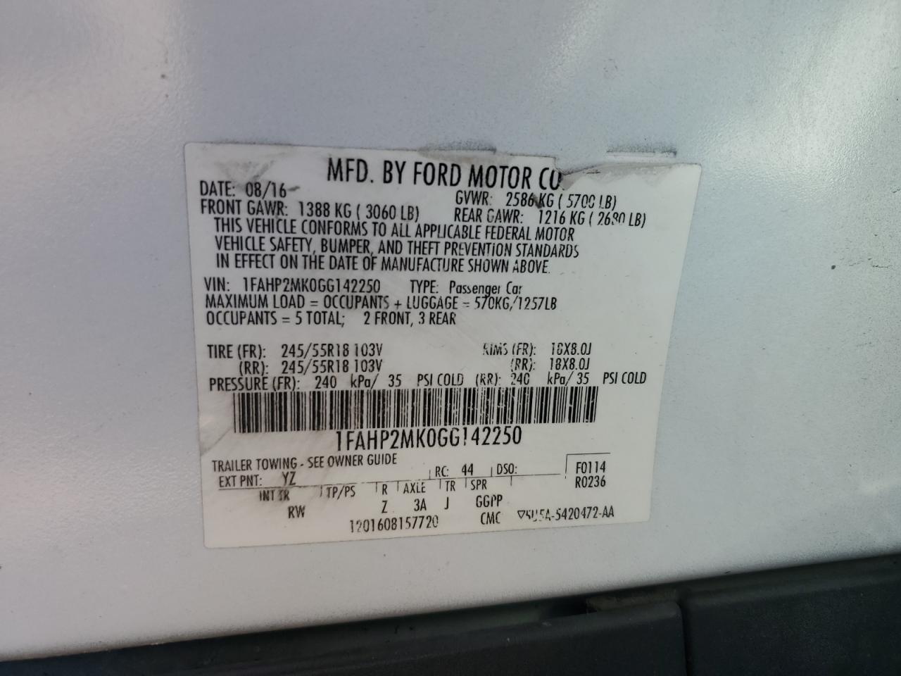 2016 Ford Taurus Police Interceptor VIN: 1FAHP2MK0GG142250 Lot: 71936015