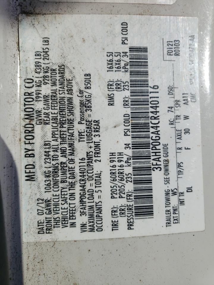 2012 Ford Fusion S VIN: 3FAHP0GA4CR440116 Lot: 81442835