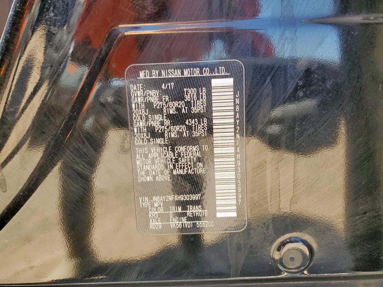 2017 Nissan Armada Platinum VIN: JN8AY2NFXH9303997 Lot: 80652995